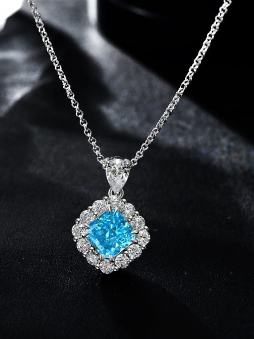 Sea blue [P 2056] 925 Sterling Silver High Carbon Diamond Orange Geometric Luxury Necklace